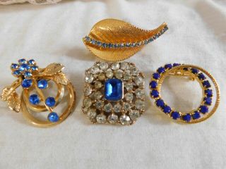 Set Of 4 Vintage Blue Rhinestones Brooch Pins All Different And