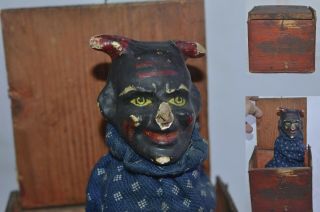 Antique 19th Victorian Toy Devil Jack In The Box Skull Doll Paper Mache Demon