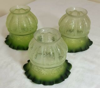 Set Of 3 Antique Victorian Clear To Green Acid Etched Chandelier Light Shades