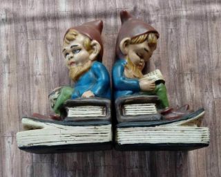 Vintage Gnomes Elves Ceramic Handpainted Book Ends