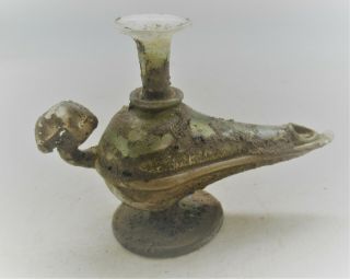 Very Rare Ancient Roman Glass Oil Lamp With Handle Circa 200 - 300ad