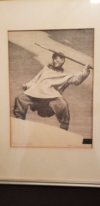 Antique Print - Fred Machetanz Signed - " The Hunt " - 19/50 - Litho - Eskimo - Inuit - 1950s?