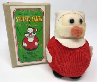 Vintage Stuffed Santa Christmas Pudgy Ornament Made In Japan Cloth Knit W/ Box