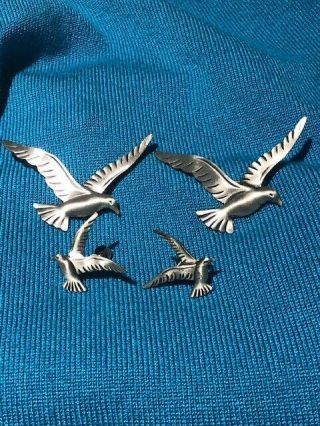 Vintage Beau Sterling Silver Pin Brooches,  Earrings Screw Backs Birds In Flight