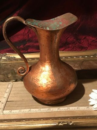 Antique Vintage Handmade Hammered Copper Pitcher W/ Handle 8 1/2 " X6 1/2 "