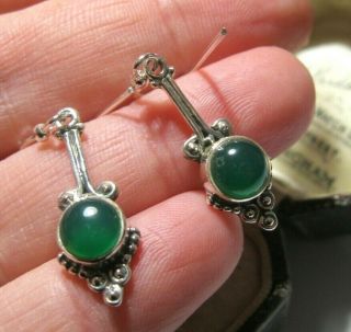 Vintage Art Nouveau Style Solid Sterling Silver Green Onyx Gem Stone Earrings