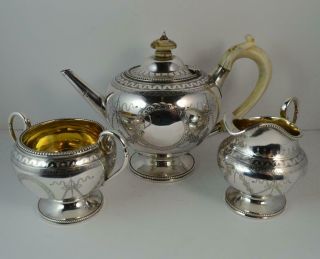 1868 Victorian Batchelor Three Piece Sterling Silver Tea Set By Henry Holland