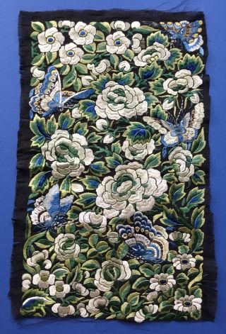 A Antique Chinese Silk Hand Embroidered Panel.  Butterflies,  Flowers