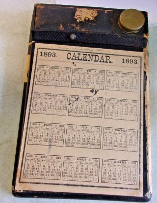 Antique Lap Or Field Desk Writing Case Bo With Brass Ink Well & 1893 Calendar