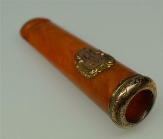Ornate Antique Butterscotch Amber Cigar / Cheroot Holder With Gold Mounts 1900 