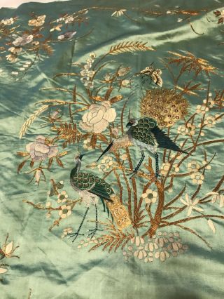 Fine Antique Chinese Hand Embroidered Silk Embroidery Peacock Panel Cover