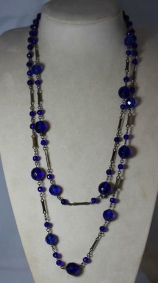Rare Antique Estate Hand Carved Cobalt Blue Glass Beaded Necklace 56” - 6883