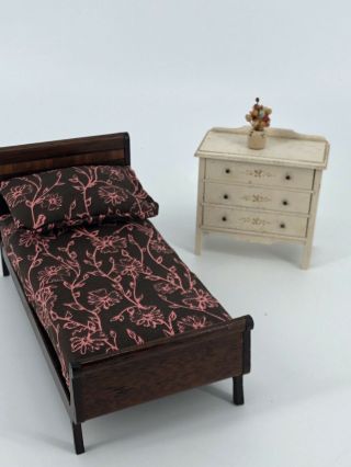 Vintage Wood Miniature Dollhouse Bedroom Set - Bed & Dresser