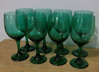 Vintage Set 8 Libbey Teal Smoke Emerald Green Wine Glasses Thick Footed 7 "