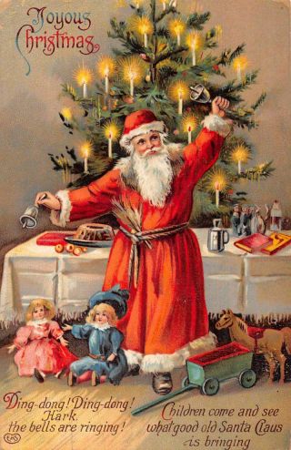Christmas Greetings Santa Claus Red Robe Ringing Bells Vintage Postcard Aa1430