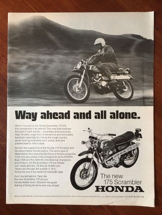 Vintage 1969 Print Ad Honda 175 Scrambler Motorcycle Ahead & Alone