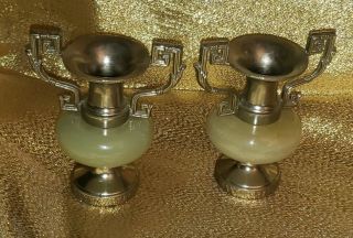 2 Vintage Mid Century Green Onyx Marble And Silvertoned Candlestick Holders