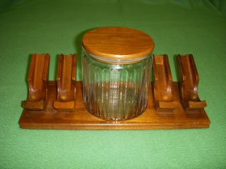 Vintage Aztec Wood 4 Tobacco Pipe Holder Display Stand Rack W/ Glass Jar