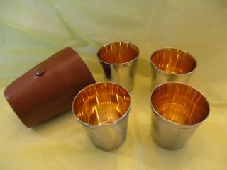 Vintage German Silver And Gold Shot Glass Set With Leather Case