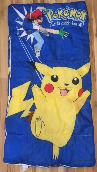 Vintage 1998 Pokemon Sleeping Bag Pikachu Ash Gotta Catch Em All 57” X 30”