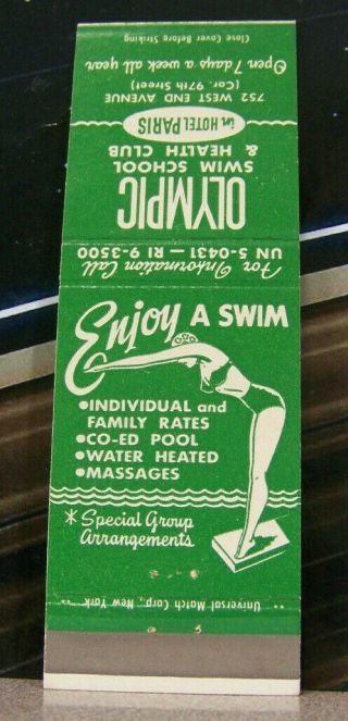 Vintage Matchbook Cover T4 York City Hotel Paris Olympic Swim School Club