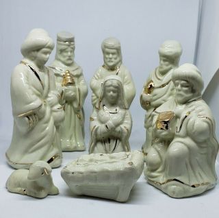 Vintage Eight Piece Nativity Set Porcelain White Gold Trim