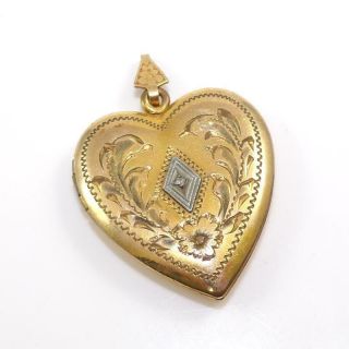 Vtg Antique Victorian 12k Gold Filled Diamond Heart Picture Locket Pendant Qyd9