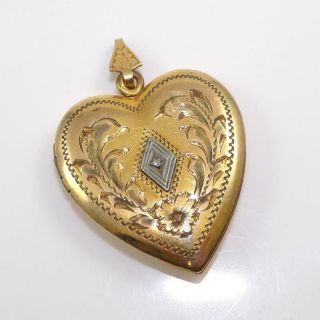 Vtg Antique Victorian 12K Gold Filled Diamond Heart Picture Locket Pendant QYD9 2