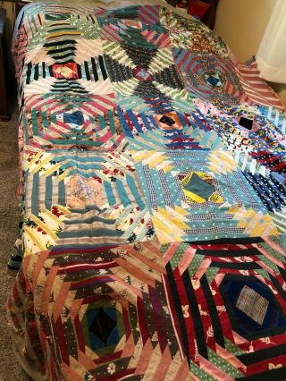 Fun Graphic Crazy Quilt Top W Backing 82 X 66 Estate C1950s Vintage Old C