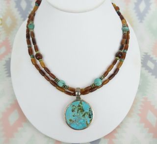 Wonderful Vtg Sterling Silver Natural Turquoise Amber Bead Necklace & Pendant