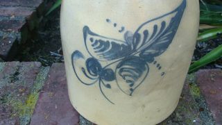 2 gal.  19th C salt glaze stoneware jug w cobalt decoration,  Taunton,  Mass. 3