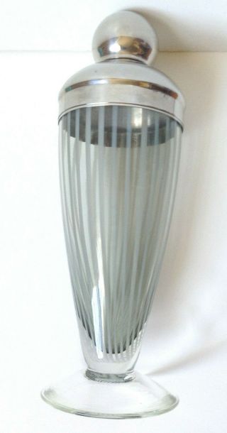 Vintage Art Deco hand made Cocktail Shaker Barware Swirl Glass And Chrome 3