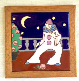 Vintage Arius Santa Fe Clown With Roses & Stars Pottery Art Tile Wood Frame