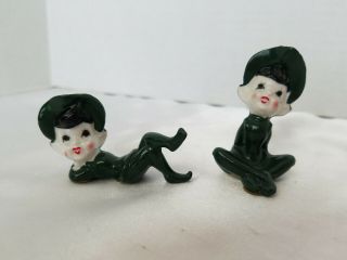 Vintage Set Of 2 Ceramic Elf Elves Pixie Figurines Green Sitting Laying Hat 2.  5 "
