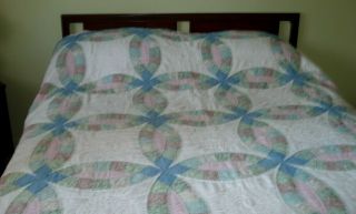 Vintage Handmade Hand Stitched Double Wedding Ring Cotton Quilt 82 X 82