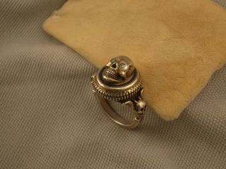 Antique / Vintage Diamond Gold - Plated Silver Enamel Memento Mori Skull Ring
