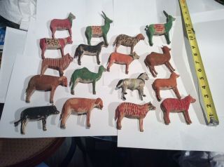 Old Antique Wooden German Animals For Christmas Village As Found