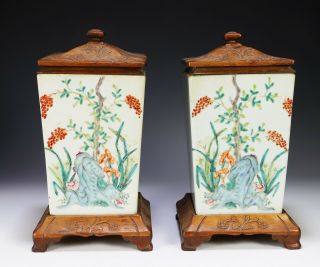Unusual Antique Chinese Four Sided Pots With Wood Stands And Covers
