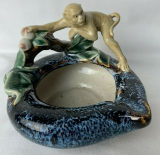 Vintage Ceramic Monkey Ashtray 5 " China Majolica Dish Tray Planter