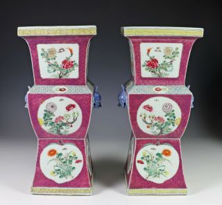 Antique Chinese Four Sided Vases With Enameled Flowers