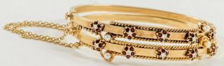 Pair Antique Victorian 14k Gold Bangle Bracelets W Diamonds & Gemstones