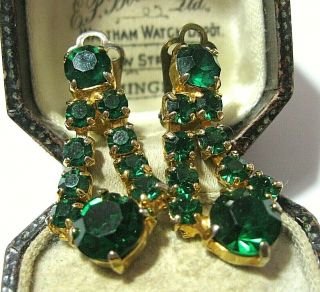 Vintage Jewellery Pretty Sparkly Emerald Green Crystal Rhinestone Drop Earrings