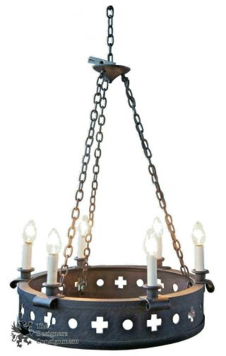 Vintage Spanish Gothic Revival Medieval Pierced Iron Six Light Chandelier 31 " W