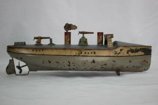 Antique 1910 German Carette Gun Boat Tin Hand Painted Wind Up Toy No Fleischmann