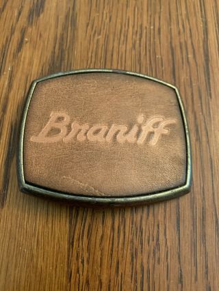 Vintage Braniff International Airways Brass And Leather Faced Belt Buckle