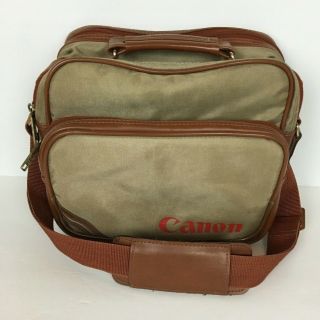 Vintage Retro Canon Camera Bag With Strap Tan Nylon Brown Leather Trim S - 1 Tn