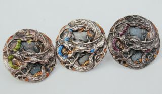 3 Signed Antique/vintage Chinese/japanese Solid Silver & Enamel Dragon Buttons