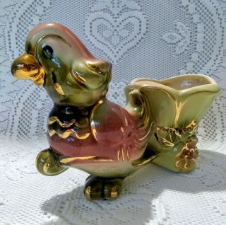 Vintage Hull Pottery Parrot Gold Trim W/flower Cart Planter Hull 60 Usa