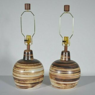 Pair Larger Jane & Gordon Martz Marshall Studios Yellow Brown Ceramic Table Lamp