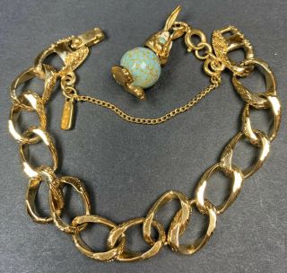 Signed Monet Vintage Bracelet 7.  5” Gold Tone Turquoise Bunny Rabbit Safety Chain